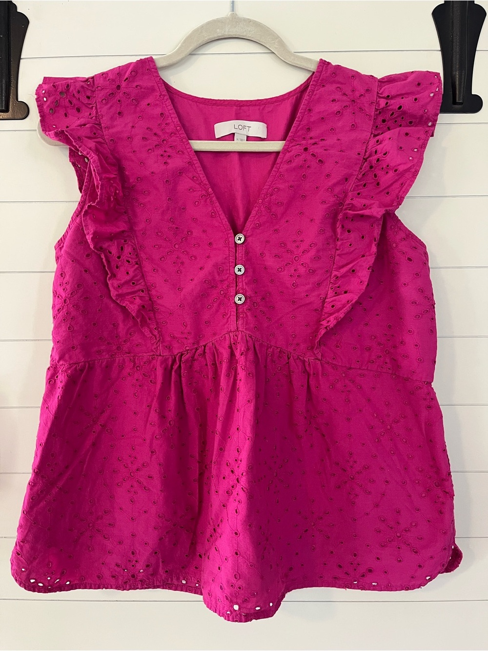 LOFT Pink Fuchsia Eyelet V-Neck Button Front Ruffle Top Feminine Flirty Colorful
